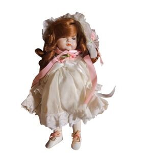 VTG SFBJ 252 Paris Porcelain Bisque Doll 13" Auburn Hair Blue Eyes Lace Dress
